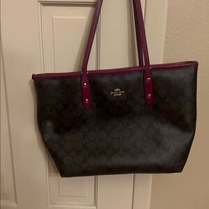 Coach Dark Brown Signature Leather Bag with Pink Accents